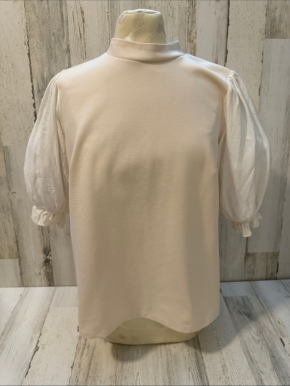 Saint + Sofia Penny Cream White Mock Neck Gathered Puff 3/4” Sleeve Top 8